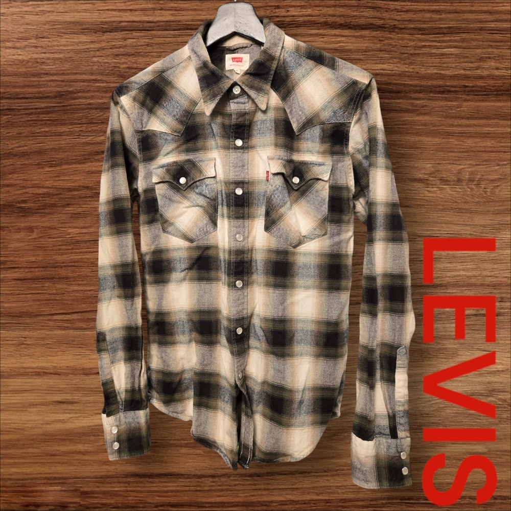 Levi's Barstow Western Flannel Shirt Size S Green Brown EUC